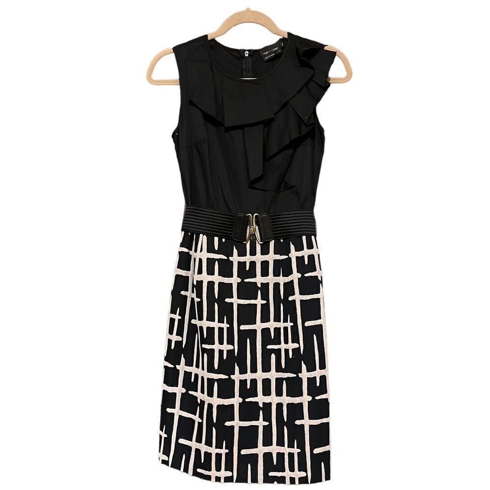 Max & Cleo Dress Black Tan Pencil Skirt Ruffle Upper Torso Design Size 2 Lined